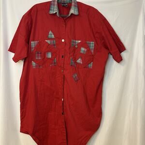 Chandni Red Oversized Button Shirt Nightshirt One‎ Size Fits Most Short Sleeve